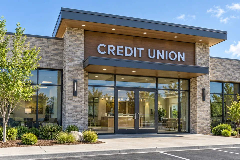 High Point Bank & Credit Union Signs — Dimensional CREDIT UNION lettering above the glass entrance of a stone-clad bank branch