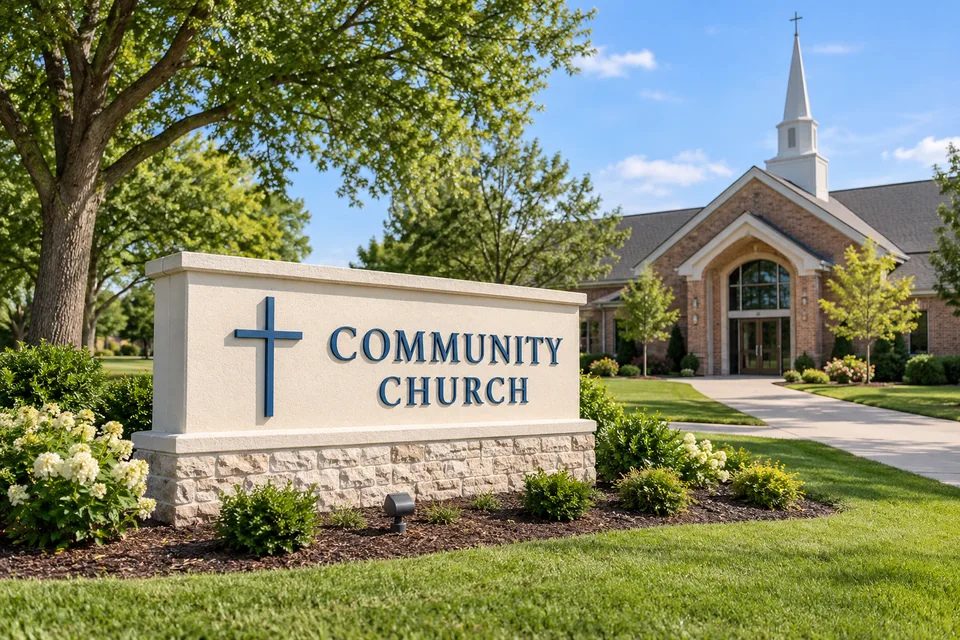Trinity Church Signs — Blue dimensional community church lettering and a cross on a cream masonry sign in front of a brick church