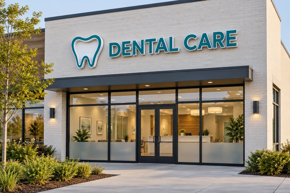 Jamestown Dental Signs — Teal dental care channel letters and a tooth symbol above a glass storefront with frosted privacy bands