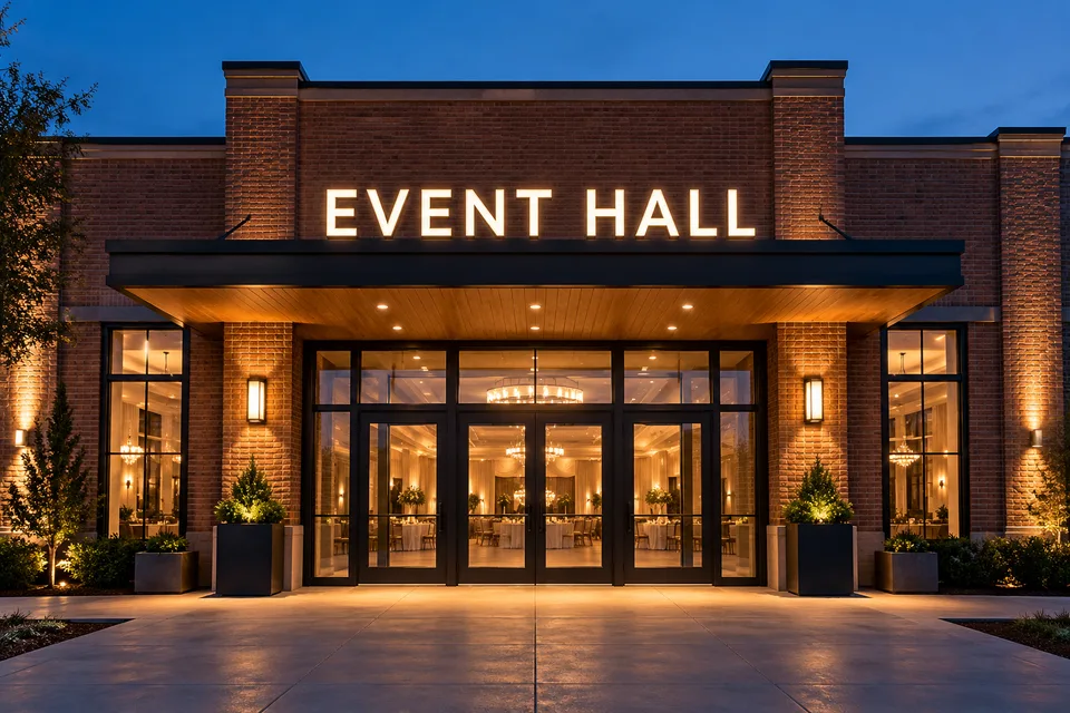 High Point Event Venue Signs — Illuminated event hall channel letters above a brick venue entrance at dusk
