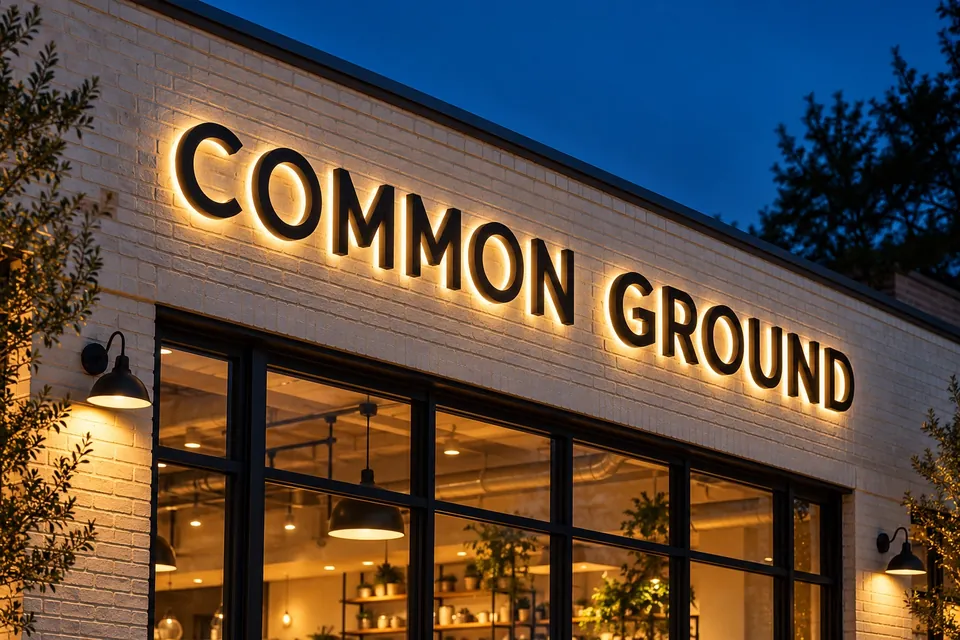 High Point Building Signs — illuminated storefront channel letters at dusk
