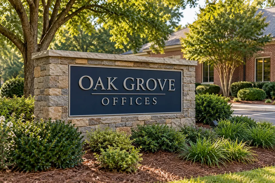 High Point Monument Signs — stone monument with dimensional lettering at a landscaped entrance
