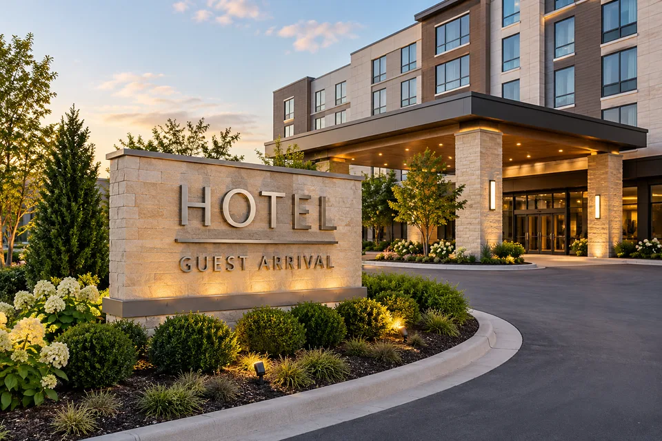 Trinity Hotel Signs — Brushed-metal hotel arrival lettering on a stone monument beside a covered guest entrance