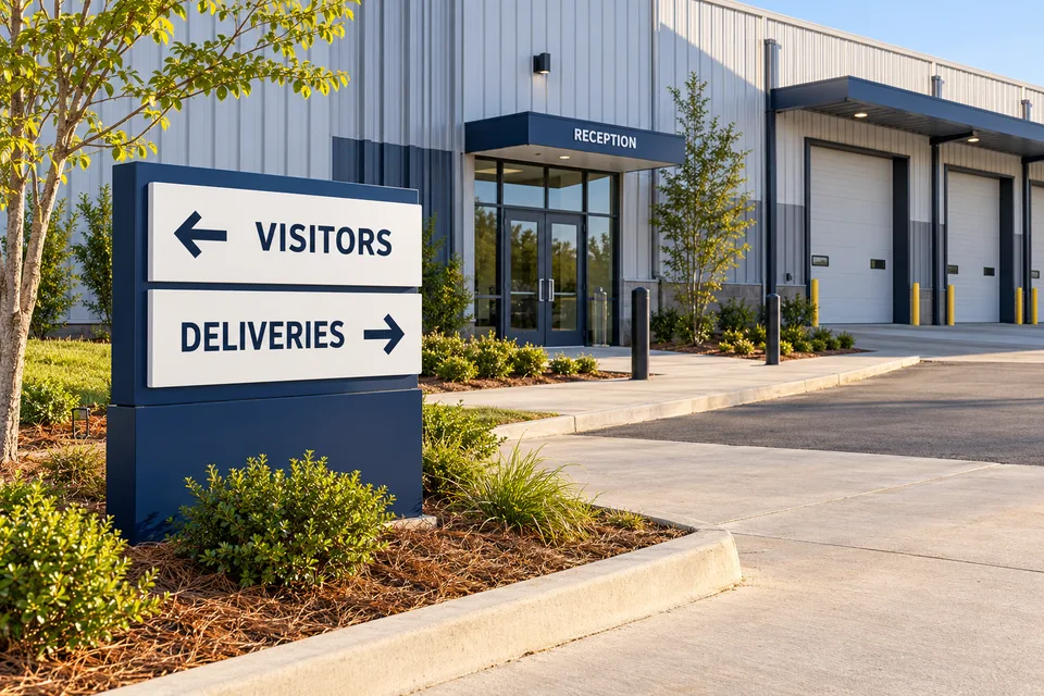 High Point industrial wayfinding — visitor and delivery directions beside a workplace entrance