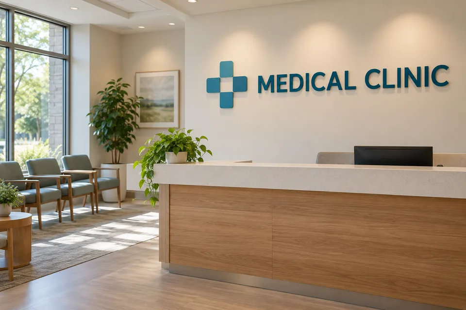 High Point Medical Signs — Teal dimensional medical clinic letters and a geometric cross on a reception wall above a wood-front desk