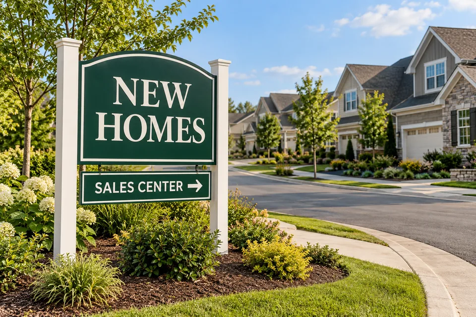 Kernersville Real Estate Development Signs — Green NEW HOMES post-and-panel sign with a SALES CENTER direction panel beside a landscaped residential development entrance