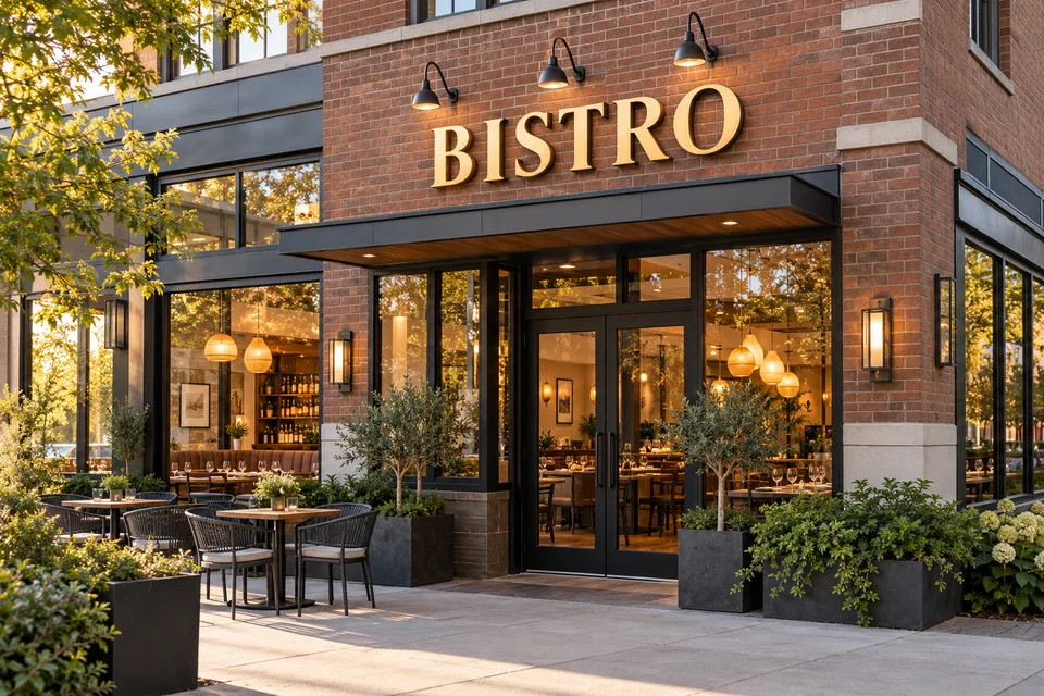 High Point Restaurant Signs — Dimensional BISTRO lettering above a brick restaurant entrance with indoor dining tables and outdoor cafe seating
