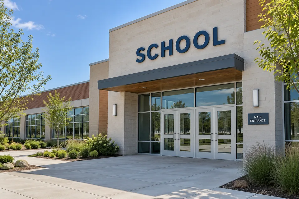 High Point School Signs — Dark blue dimensional school lettering above glass doors with a separate main entrance plaque
